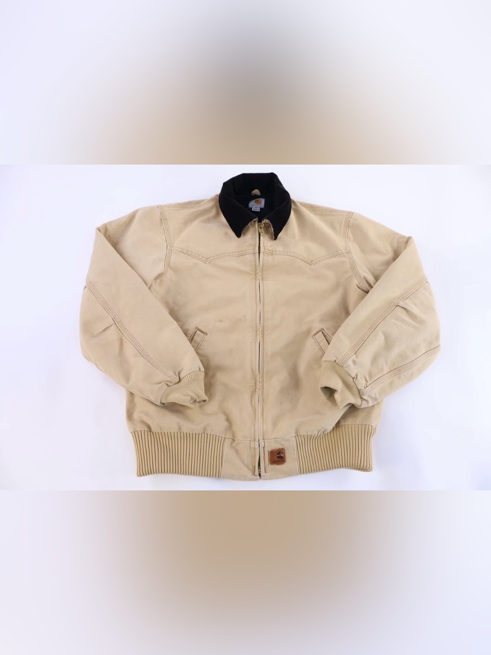 Vintage Carhartt Cream Tan Duck Canvas Work Jacket Black Collar Men’s M